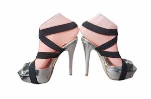 Colin Stuart VS Silver Elastic Strap 5'' Stiletto High Heels - Size 7